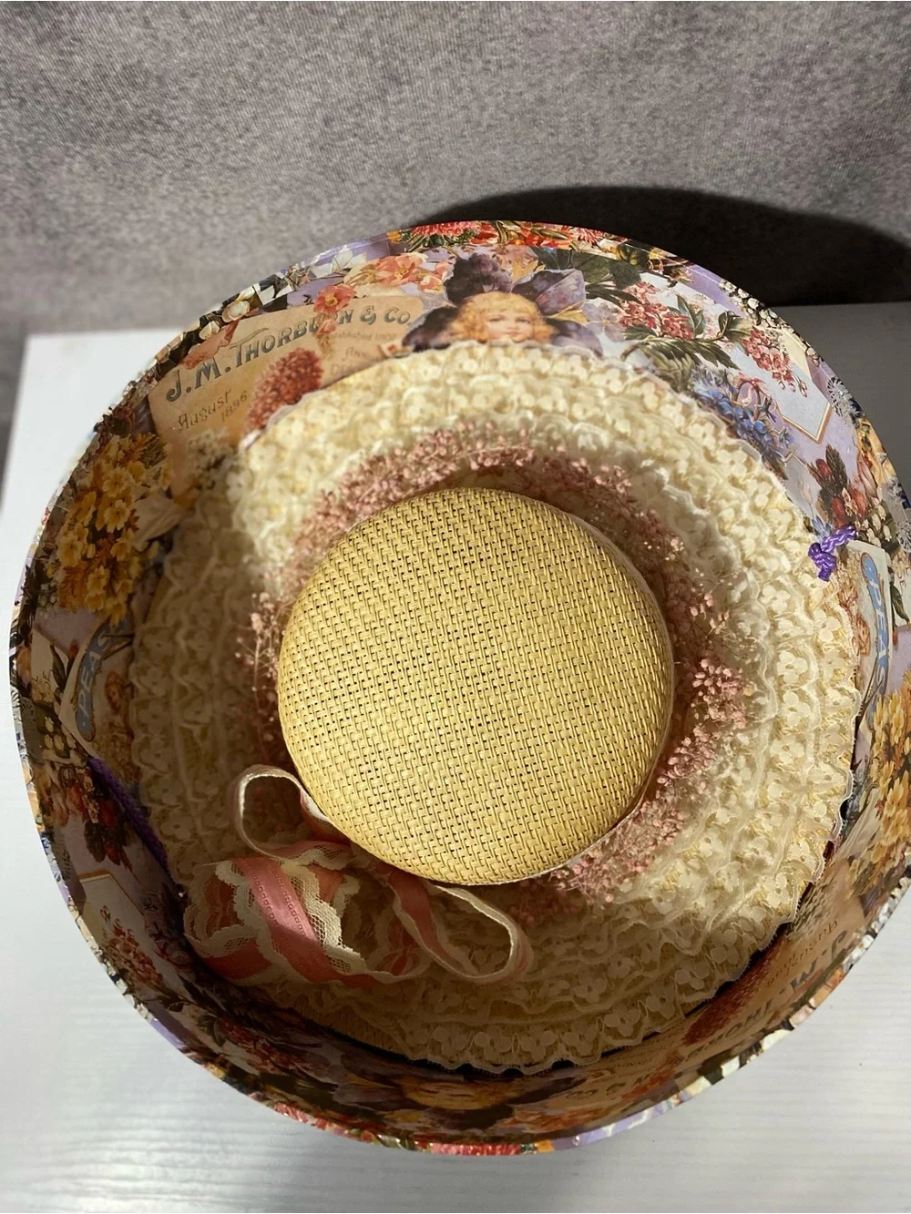 Vtg Victorian Romantic Straw Bonnet Floral Lace Hat Pink Ribbon & Round Hat Box